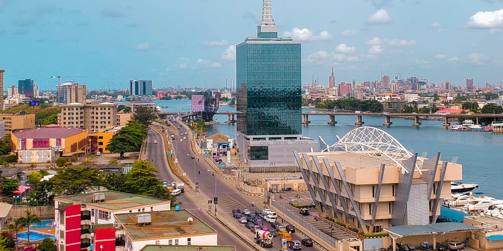 Lagos skyline with Civic Towers and the lagoon in Lekki, Lagos, Nigeria